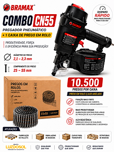 Kit Pregador Pneumático CN55 BRAMAX + 1 Caixa de Prego em Rolo 2,3x50mm Anelado (10.500 Pregos) para Pallets e Caixaria