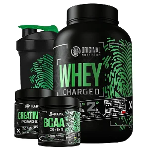 Kit Whey Protein Charged Original + Bcaa + Creatina + Shaker - Melhor custo benefício