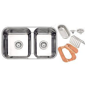 Cuba Dupla de Sobrepor/Embutir em Inox Polido com Válvula, Cesto, Tábua e Escorredor Tramontina Isis