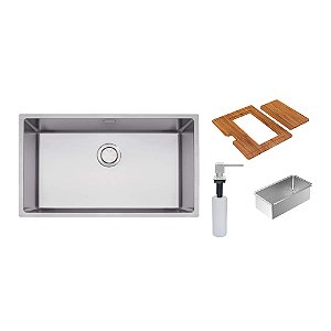 Cuba de Sobrepor em Inox Acetinado com Dosador, Tábua, Cesto e Válvula Tramontina Quadrum 70x40 cm