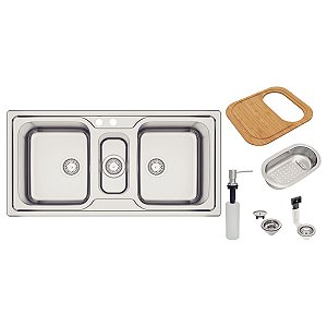 Cuba Tripla de Sobrepor em Inox Escovado com Tábua, Cesto e Dosador Tramontina Marea 100x50 cm