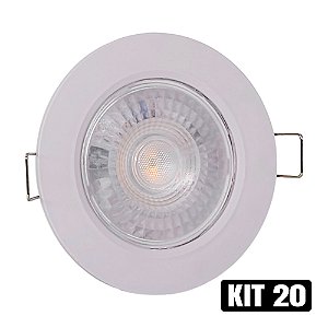 Kit 20 Spot LED 7W Embutir Redondo Branco Frio