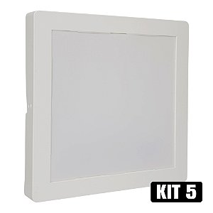 Kit 5 Plafon LED 18W Sobrepor Quadrado Branco Quente