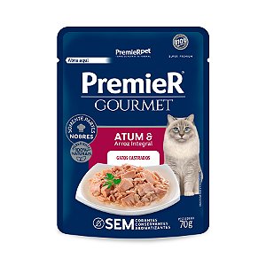 Sachês Premier Gourmet Gatos Castrados Atum com Arroz Integral 70g