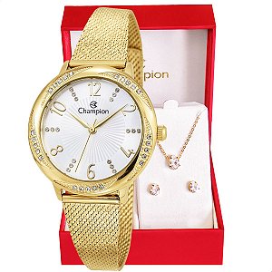 Relógio Feminino Champion Analógico Dourado CF24251H + Colar e Brincos