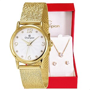 Relógio Feminino Champion Texturizado Mini Dourado CF24091H + Colar e Brincos
