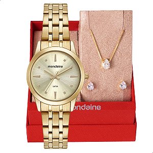 Relógio Feminino Mondaine Pequeno Dourado 32611LPMKDE1K2 + Colar e Brincos