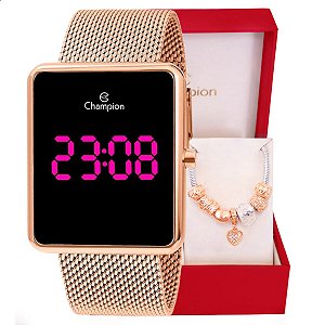 Relógio Feminino Champion Digital Quadrado Rosé CH40083H Led Rosa + Pulseira Berloques