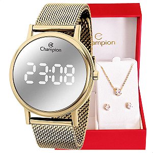 Relógio Feminino Champion Digital Dourado Espelhado Pulseira Mesh CH40179B Colar e Brincos