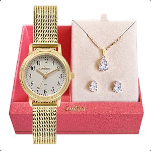 Relógio de Pulso Feminino Pequeno Condor Dourado CO2035NCD/K4C Colar e Brincos
