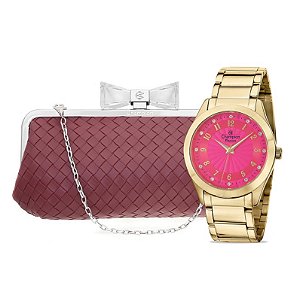 Relógio Feminino Champion Dourado Rosa Analógico CN29410E + Bolsa Clutch