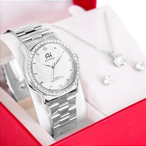 Kit Relógio Feminino Champion Ana Hickmann Prata Prova D'Água Cristais AH28035Q