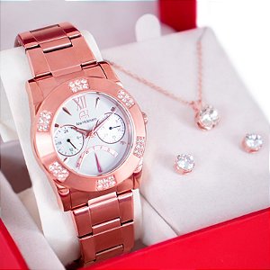 Kit Relógio Feminino Champion Ana Hickmann Rosé Analógico Prova D'Água AH30282Z Cristais