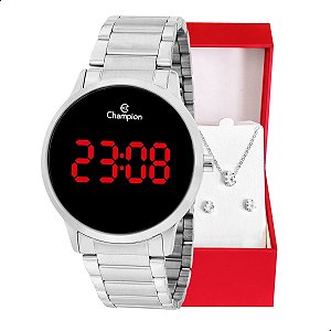 Relógio de Pulso Feminino Champion Digital Prata CH40124T Kit Colar e Brincos