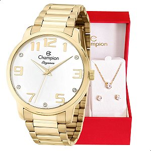 Relógio Champion Feminino Dourado Analógico Prova D´agua CN26028W Colar e Brincos