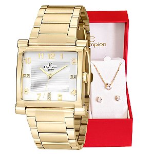Relógio Champion Feminino Quadrado Dourado CN25369W + Colar e Brincos