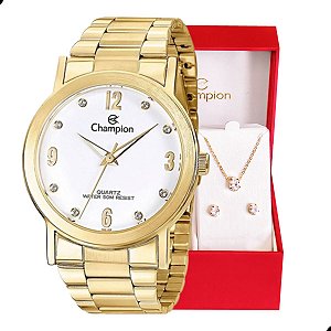 Kit Relógio Champion Feminino Dourado Analógico CN29025W Colar e Brincos