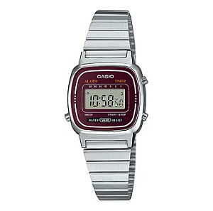 Relógio Feminino Casio Vintage Retrô Digital Prata e Bordô LA670WA-4DF
