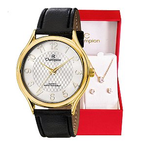 Relógio Champion Feminino Analógico Dourado Couro Colar e Brincos CH22706W