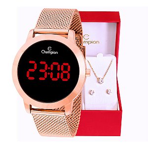Relógio Champion Feminino Rosê Digital Led Vermelho CH40106Z Kit Colar e Brincos