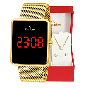 Relógio Feminino Champion Digital Quadrado Dourado CH40080V + Colar e Brincos