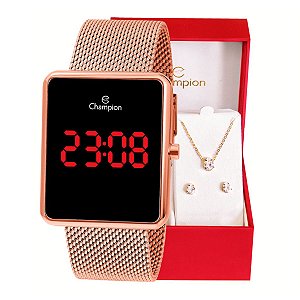 Relógio Champion Feminino Digital Quadrado Rosé CH40080P Colar e Brincos