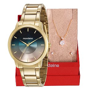 Relógio de Pulso Feminino Mondaine Dourado Analógico 53606LPMVDE1 Colar e Brincos