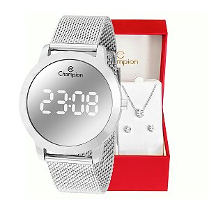 Relógio Feminino Champion Digital Espelhado Pulseira Mesh CH40106S Colar e brincos