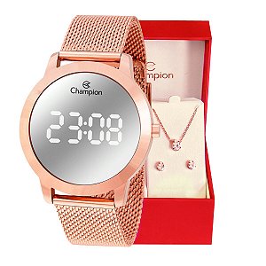 Relógio Feminino Champion Digital Espelhado Pulseira Mesh CH40106P Kit Colar e brincos