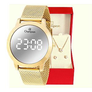 Relógio Feminino Champion Digital Espelhado Pulseira Mesh CH40106B Colar e brincos