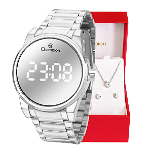 Relógio de Pulso Feminino Champion Digital Espelhado Prata CH40124S Colar e Brincos