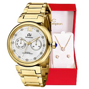 Relógio Champion Ana Hickmann Feminino Dourado AH30175H Kit Colar e Brincos