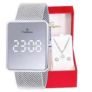 Relógio Feminino Champion Digital Espelhado Prata  CH40080S Colar e Brincos