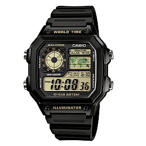 Relógio Masculino Casio Preto Hora Mundial AE-1200WH-1BVDF Prova D´Agua
