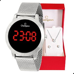 Relógio Champion Feminino Prata Digital Led Vermelho CH40106T Kit Colar e Brincos