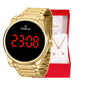 Relógio Feminino Champion Digital Dourado Led Vermelho CH40124H + Colar e Brincos