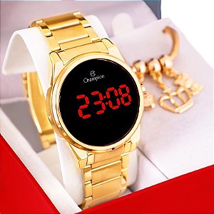 Relógio Feminino Champion Digital Dourado Led Vermelho CH40124H + Pulseira Berloques