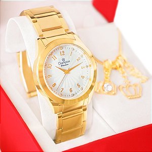 Kit Relógio Feminino Champion Analógico Dourado Prova D'agua + Pulseira Berloques