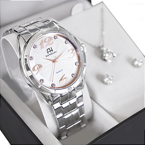 Relógio Champion Ana Hickmann Feminino Prata AH28606Q Kit Colar e Brincos