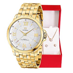 Relógio de Pulso Champion Ana Hickmann Feminino Dourado AH28722H Kit Colar e Brincos