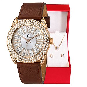 Kit Relógio Feminino Champion Ana Hickmann Analógico Couro Branco AH28240Z Cristais
