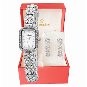 Relógio Feminino Champion Prata Pequeno Luxo CF24715Q + Brincos