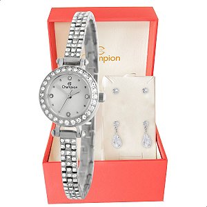 Relógio Feminino Champion Prata Pequeno Luxo CF25072Q + Brincos
