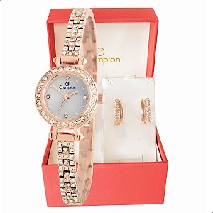 Relógio Feminino Champion Rosé Pequeno Luxo CF25072Z + Brincos
