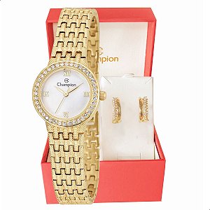 Relógio Feminino Champion Dourado Pequeno Luxo CF25312H + Brincos