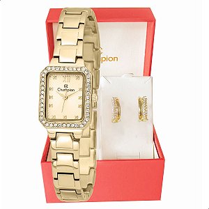 Relógio Feminino Champion Dourado Pequeno Luxo CF25465G + Brincos
