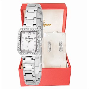 Relógio Feminino Champion Prata Pequeno Luxo CF25465Q + Brincos