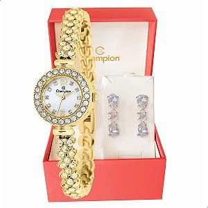 Relógio Feminino Champion Dourado Pequeno Luxo CF25536H + Brincos