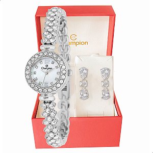 Relógio Feminino Champion Prata Pequeno Luxo CF25536Q + Brincos