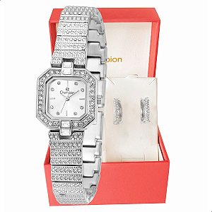 Relógio Feminino Champion Prata Pequeno Luxo CF25769Q + Brincos